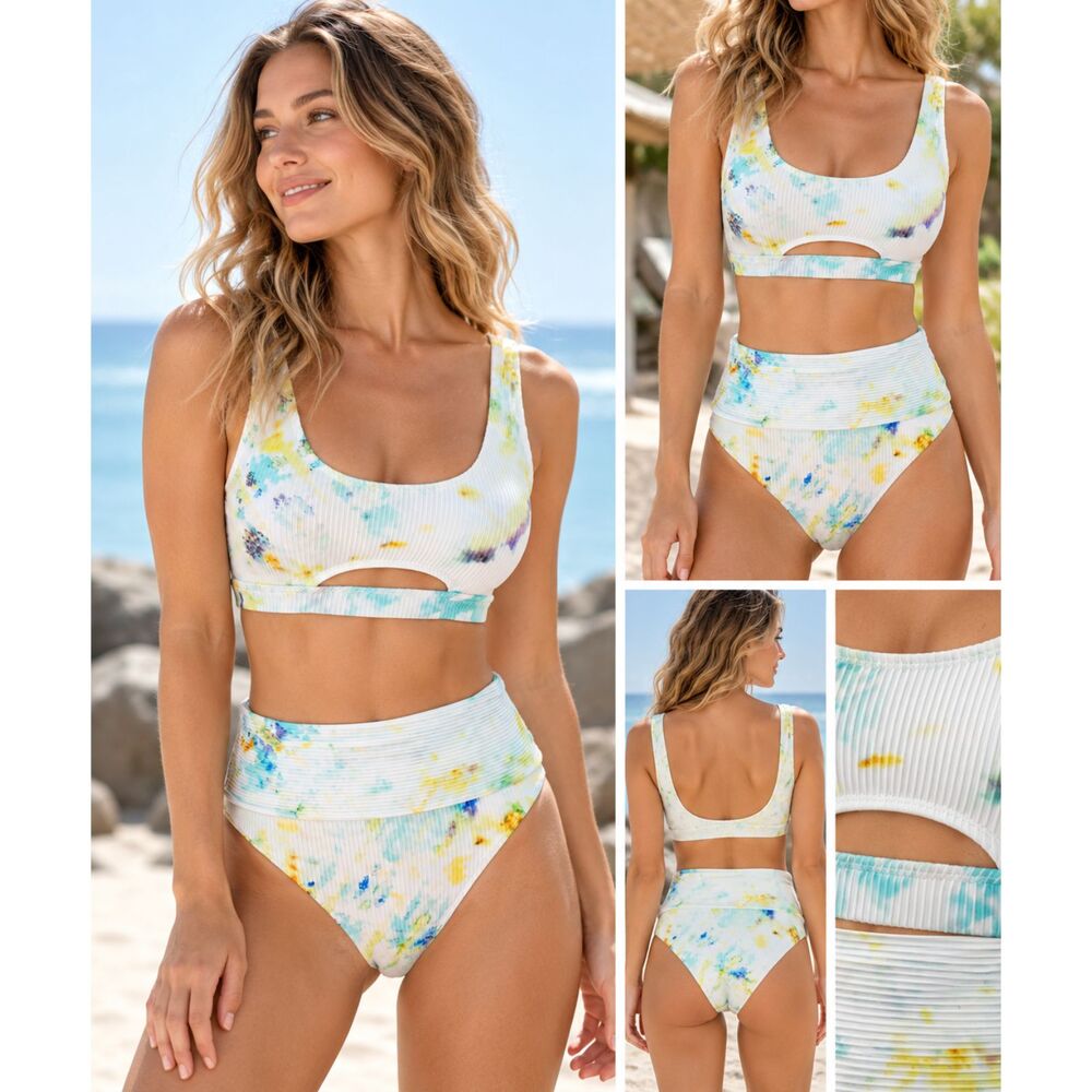TiniBikini Ribbed High Rise Bikini Set White Blue Yellow XS NWT NEW
